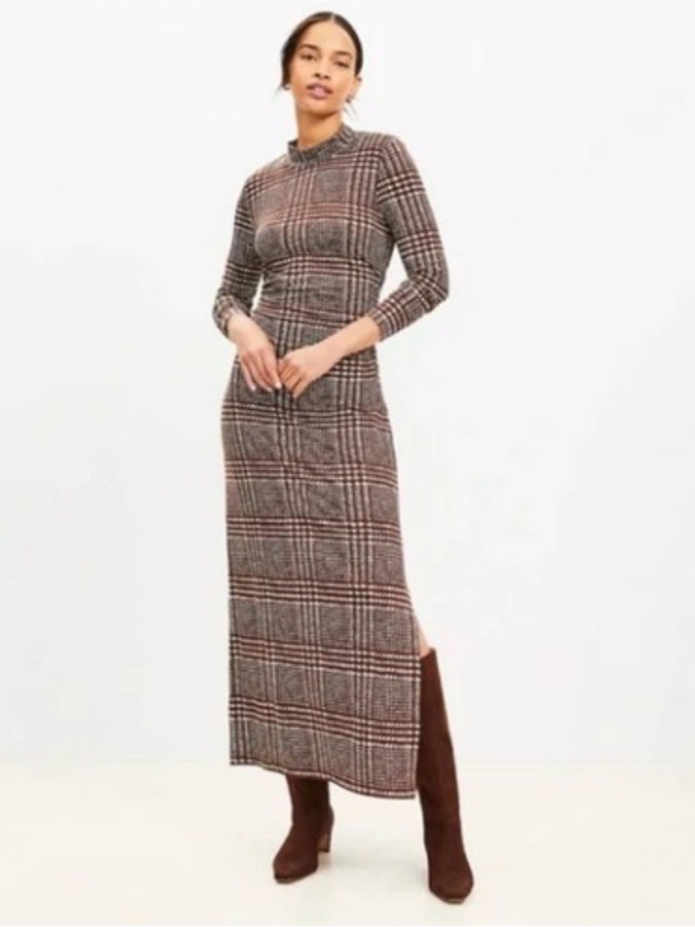 NWT LOFT Houdstooth Mock Neck Brown Plaid Long-Sleeve Midi Dress